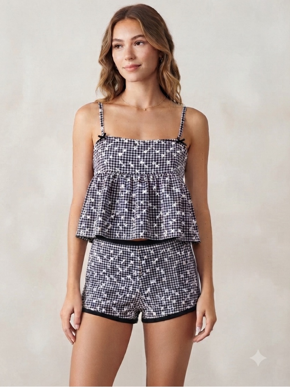Young & Chic Black and White Checkered Top and PJ/Lounge Shorts Set